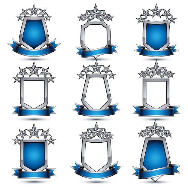 Conjunto de iconos brillantes 3d heráldicos plateados con cintas curvas, mejor para uso en diseño web y gráfico, estrellas de plata pentagonales, símbolos de lujo vectoriales EPS 8 claros, escudos.