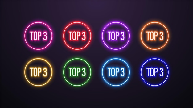 Un conjunto de iconos brillantes de neón brillantes top 3 en diferentes colores sobre un fondo oscuro