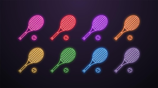 Un conjunto de íconos brillantes de neón de raquetas de tenis con una pelota en los colores verde naranja amarillo rosa púrpura blanco azul y rojo sobre un fondo oscuro Un concepto para deportes