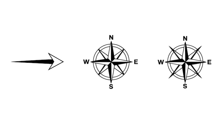 Vector un conjunto de iconos de brújula que representan la dirección y la navegación adecuados para mapas y actividades al aire libre