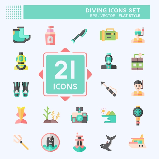 Conjunto de iconos Buceo relacionado con el símbolo del mar estilo plano ilustración de diseño simple