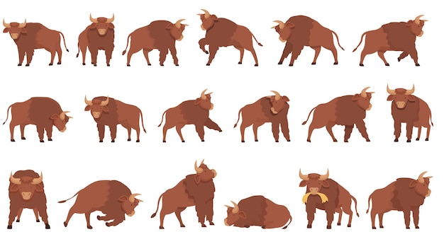 Conjunto de iconos de búfalo vector de dibujos animados cabeza de animal