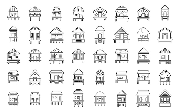 Conjunto de iconos de bungalow vector de contorno cabaña africana