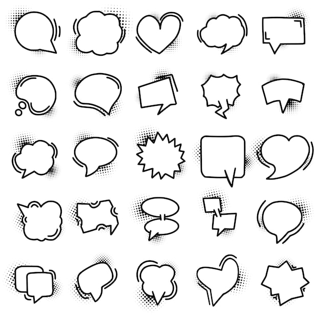 Conjunto de iconos de burbujas de voz dibujados a mano con texturas de medios tonos conceptos de mensajes de chat de comunicación