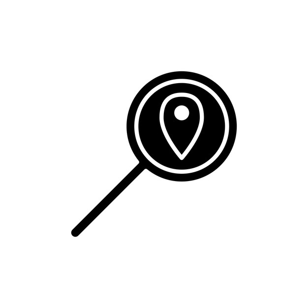 El conjunto de iconos de búsqueda de ubicación encuentra el alfiler de ubicación del lugar con el símbolo vectorial de vidrio de ampliación en estilo negro lleno y delineado