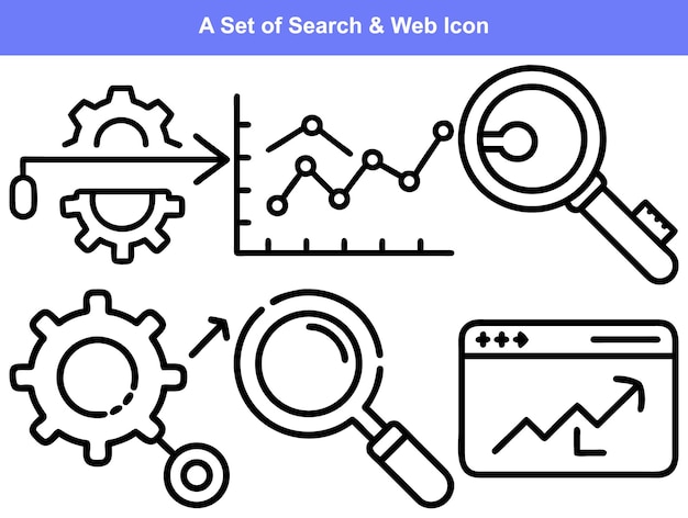 Un conjunto de iconos de búsqueda y web para el análisis y el diseño de la interfaz del sitio web