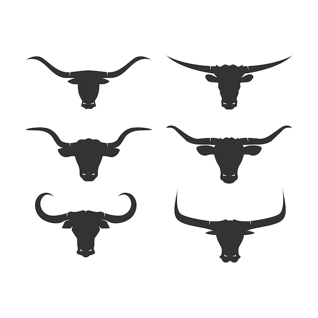 Conjunto de iconos de cabeza de toro Plantilla de vector de cuerno largo de silueta de toro