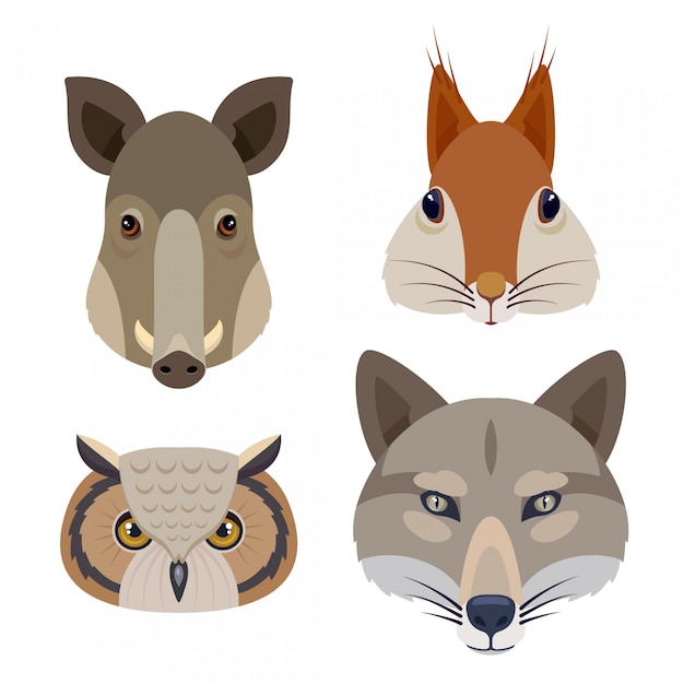 Conjunto de iconos de cabezas de animales de bosque. Ilustración plana incluyendo ardilla, búho, cerdo y lobo