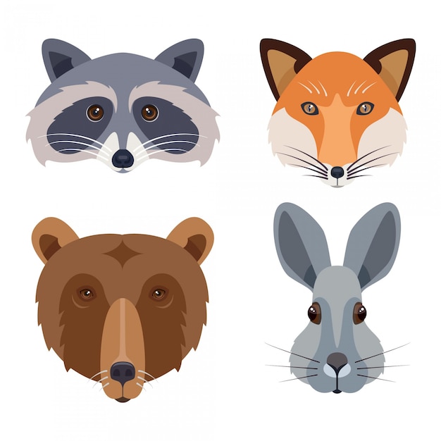 Conjunto de iconos de cabezas de animales de bosque. Ilustración plana que incluye oso, conejo, zorro y mapache