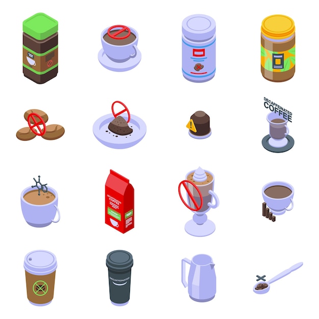 Conjunto de iconos de café descafeinado. Conjunto isométrico de iconos de café descafeinado para diseño web aislado sobre fondo blanco.