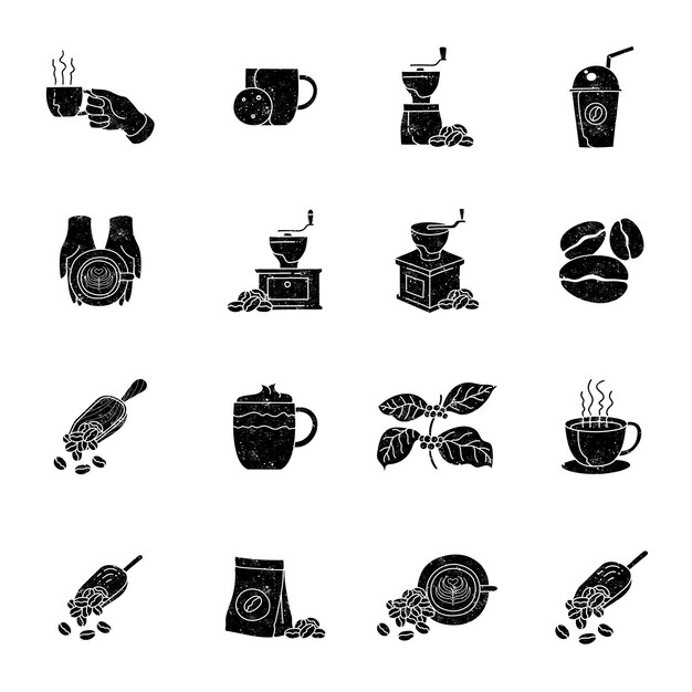 conjunto de iconos de café dibujados a mano con textura grunge negra