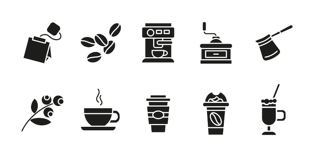 Conjunto de íconos de café negro Colección de símbolos de bebidas con cafeína Vector de máquina de espresso Frijoles asados