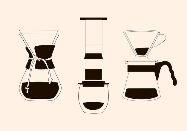 Conjunto de iconos de cafetera. Esquema conjunto de iconos aislados de vector de cafetera para diseño web