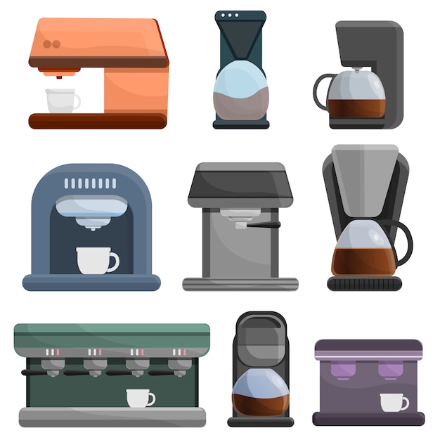 Vector conjunto de iconos de cafetera, estilo de dibujos animados