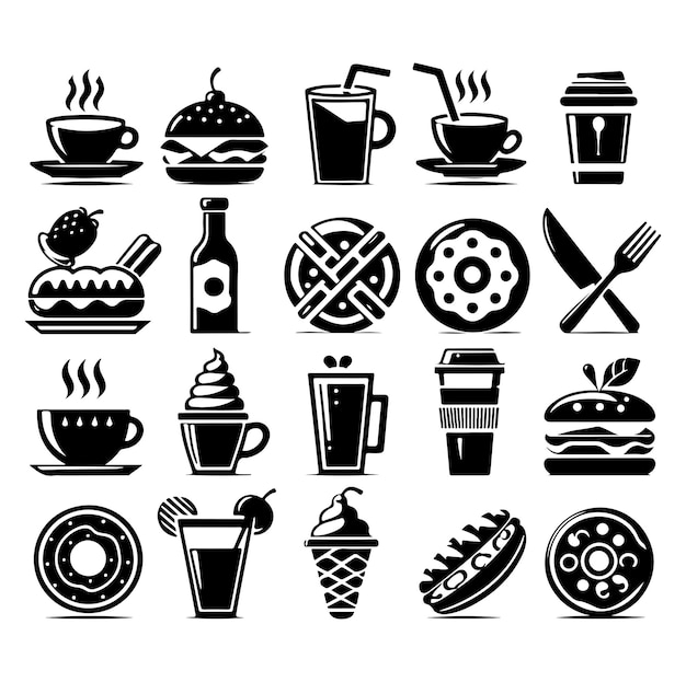 Conjunto de iconos de cafetería icono de restaurante icono de comida y bebida icono de silueta ilustración vectorial