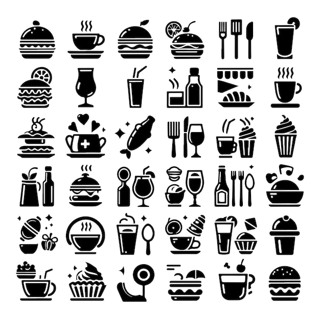 Conjunto de iconos de cafetería icono de restaurante icono de comida y bebida icono de silueta ilustración vectorial