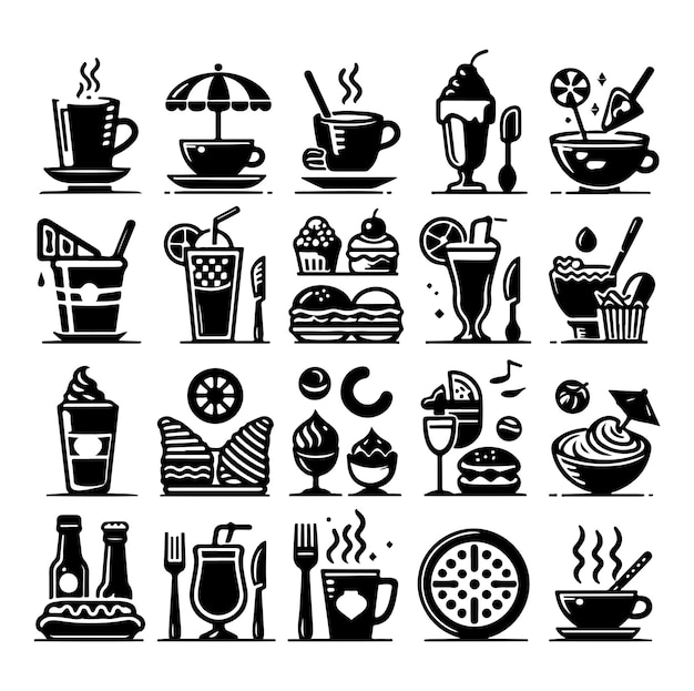 Conjunto de iconos de cafetería icono de restaurante icono de comida y bebida icono de silueta ilustración vectorial