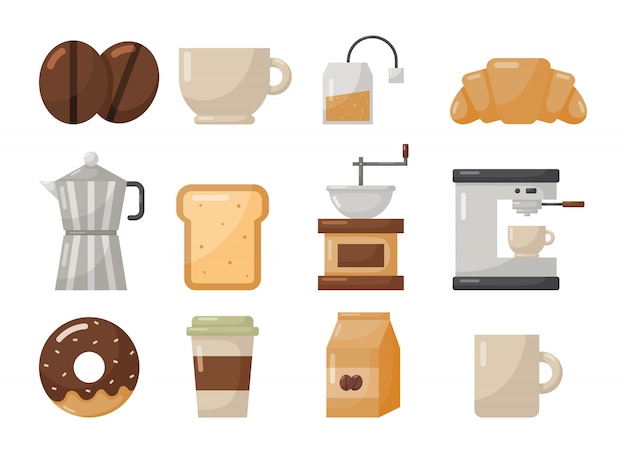 conjunto de iconos de cafetería y postre aislar en blanco