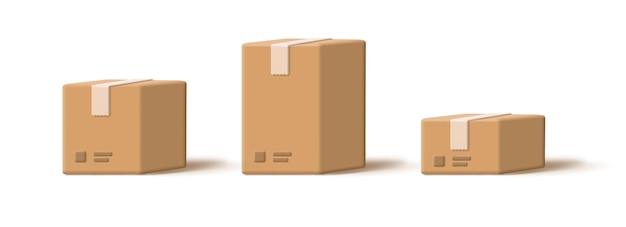 Conjunto de iconos de caja cerrada de cartón 3D embalado y listo para la entrega de envío de diferentes tamaños pequeño mediano grande
