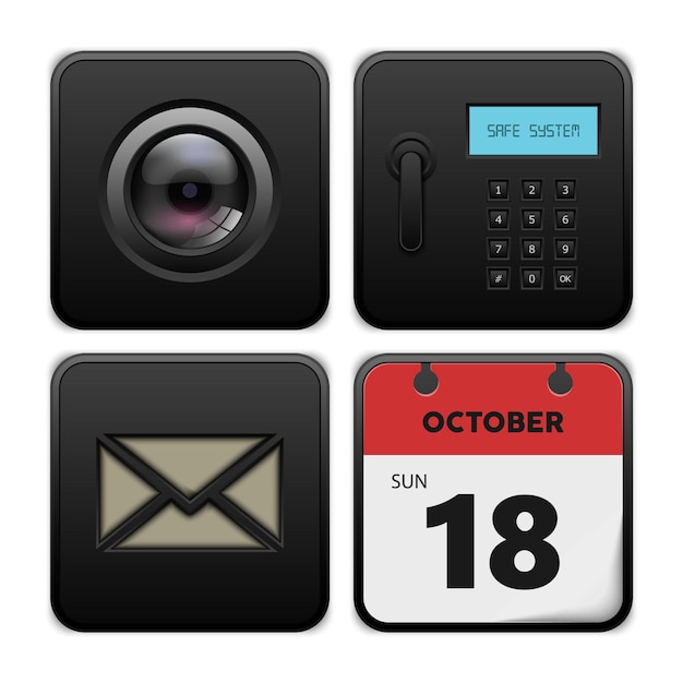 Conjunto de iconos de caja registradora y cámara del calendario de correo electrónico