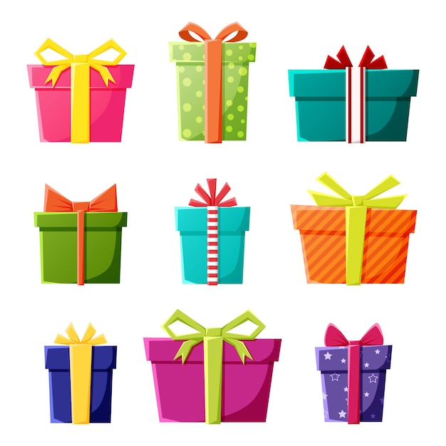 Conjunto de iconos de cajas de regalo en color para Navidad de Año Nuevo o eventos de fiesta de celebración