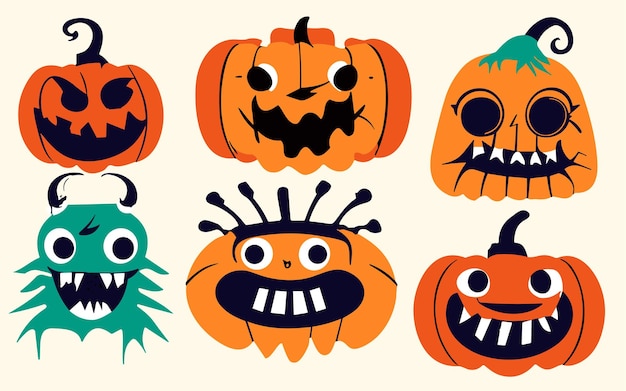 Conjunto de iconos de calabaza de halloween calabazas divertidas vintage aisladas sobre fondo blanco ilustración vectorial