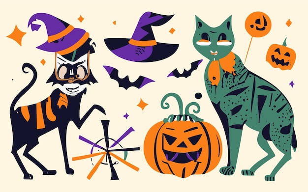 Conjunto de iconos de calabaza de halloween calabazas divertidas vintage aisladas sobre fondo blanco ilustración vectorial