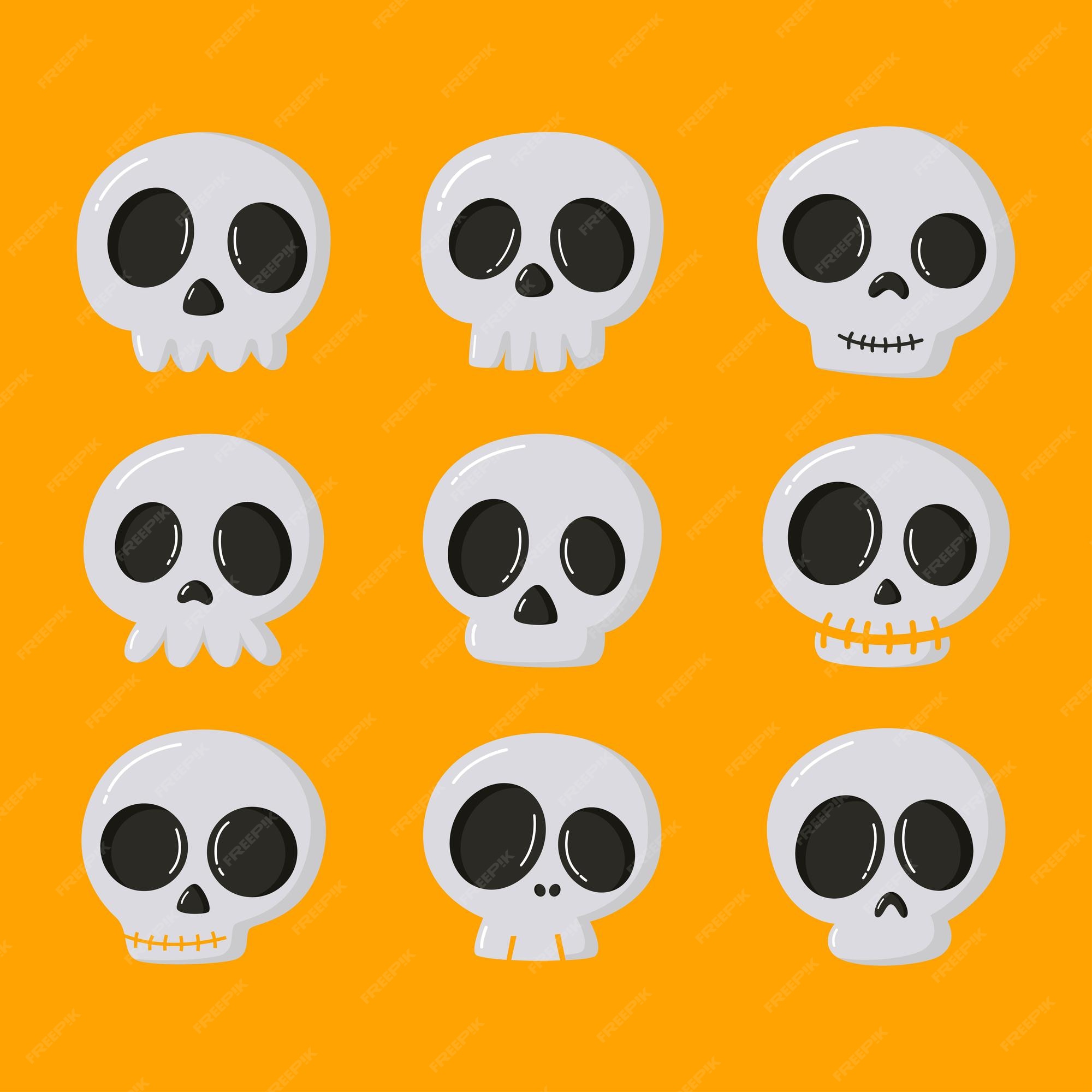 Conjunto de iconos de calavera de dibujos animados de halloween aislado  sobre fondo naranja | Vector Premium