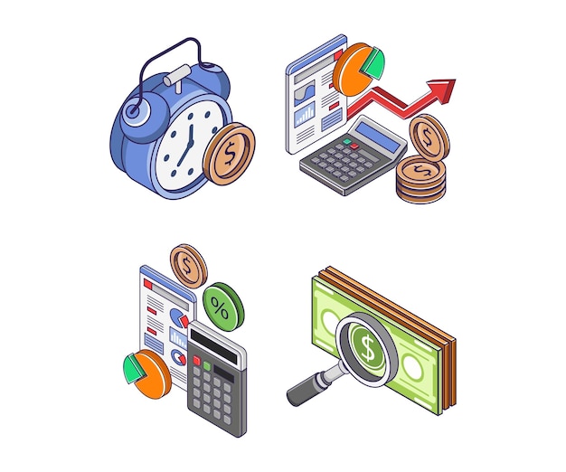 Conjunto de iconos para cálculos comerciales y marketing digital.