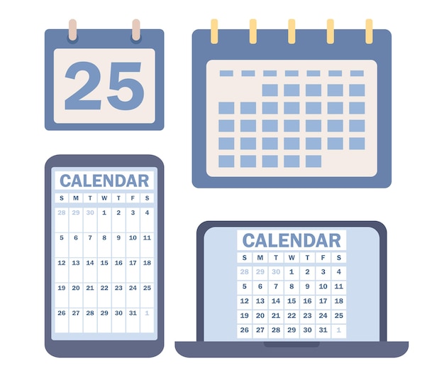 Conjunto de iconos de calendario. Calendario en línea en la computadora portátil y la aplicación para teléfonos inteligentes. Signo de página de fecha. Horario, planificación