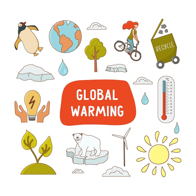 Conjunto de iconos de calentamiento global con texto aislado sobre fondo blanco iconos de animales árticos termómetro molino de viento sol reciclaje alimentos ecológicos ahorrar energía ciclismo ilustración vectorial