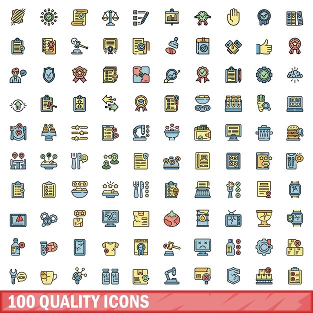 Conjunto de iconos de calidad de 100 Color línea conjunto de iconos vectoriales de calidad de línea delgada color plano en blanco
