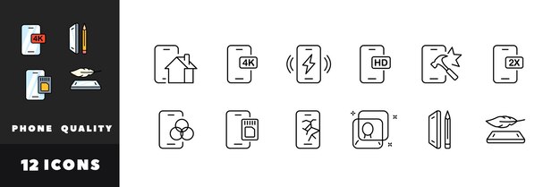 Conjunto de iconos de calidad del teléfono iconos vectoriales de estilo lineal