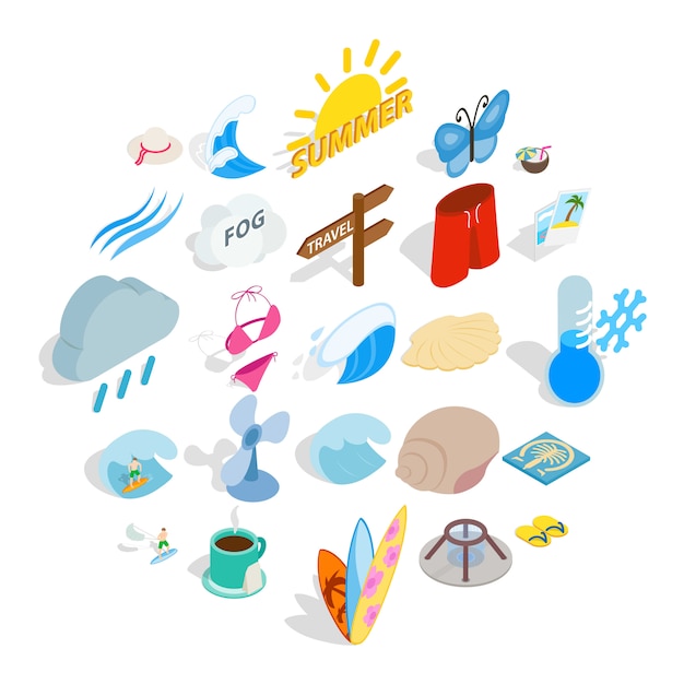 Conjunto de iconos de calor. Conjunto isométrico de 25 iconos de calor para web aislado en blanco