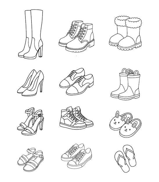 Conjunto de iconos de calzado Línea vectorial en blanco y negro Arte de zapatos y botas