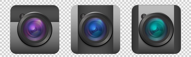 Conjunto de iconos de cámara fotográfica Colección de cámaras realistas 3d para video o foto con lente EPS10