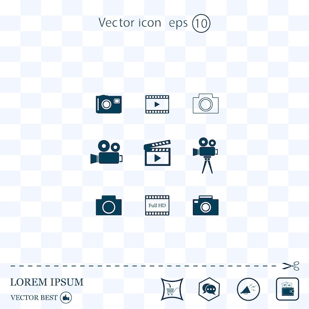 Conjunto de iconos de cámaras de video y fotos Ilustración vectorial Eps 10
