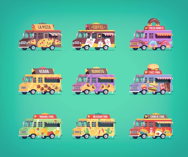 Conjunto de iconos de camiones de comida. Composiciones conceptuales modernas para vehículos de servicio de entrega de alimentos.