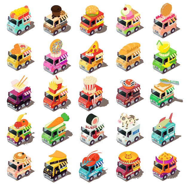 Conjunto de iconos de camiones de comida. Ilustración isométrica de 25 iconos de vector de camión de comida para web