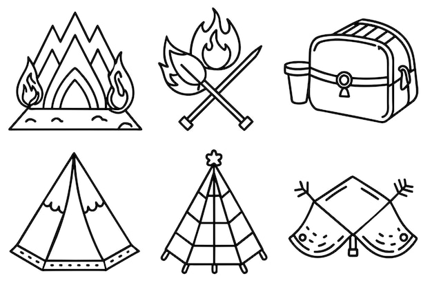 Conjunto de iconos de campamento en blanco y negro aislados sobre un fondo blanco Ilustración vectorial