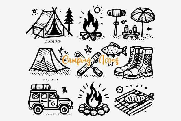 Conjunto de íconos de campamento dibujados a mano con tiendas de campaña, fogatas, botas de senderismo, pesca y equipos al aire libre