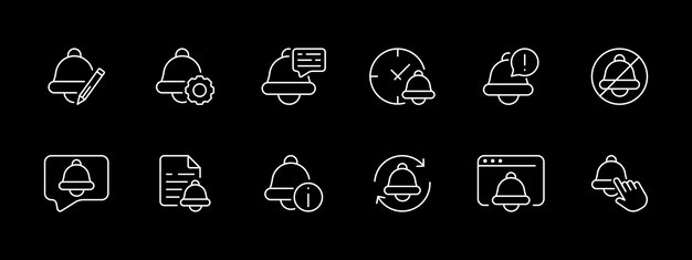 Conjunto de iconos de campana Cursor de ratón sitio notificación mensaje de archivo de información Icono de línea blanca en fondo negro Icono de linea vectorial para negocios y publicidad