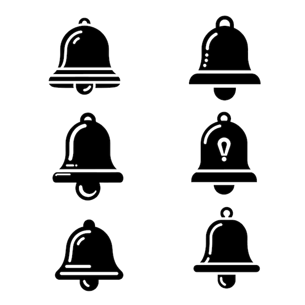 Conjunto de iconos de campana negra con diferentes estados de notificación