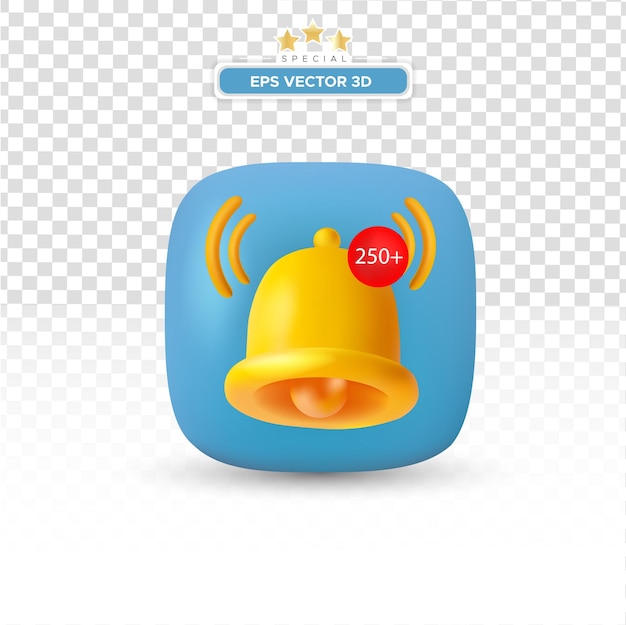 Conjunto de iconos de campana de notificación 3d aislado sobre fondo blanco 3d render campana amarilla con nueva notificación para recordatorio de redes sociales Icono de vector realista