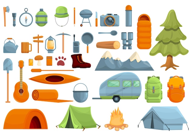 Conjunto de iconos de camping. conjunto de dibujos animados de iconos de vector de camping para diseño web