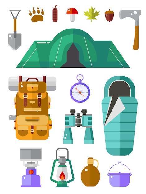 Vector conjunto de iconos de camping y senderismo