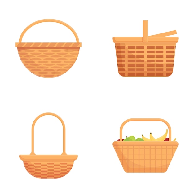 El conjunto de iconos de la canasta de comida es un vector de dibujos animados. La canasta de picnic está llena de varios productos.