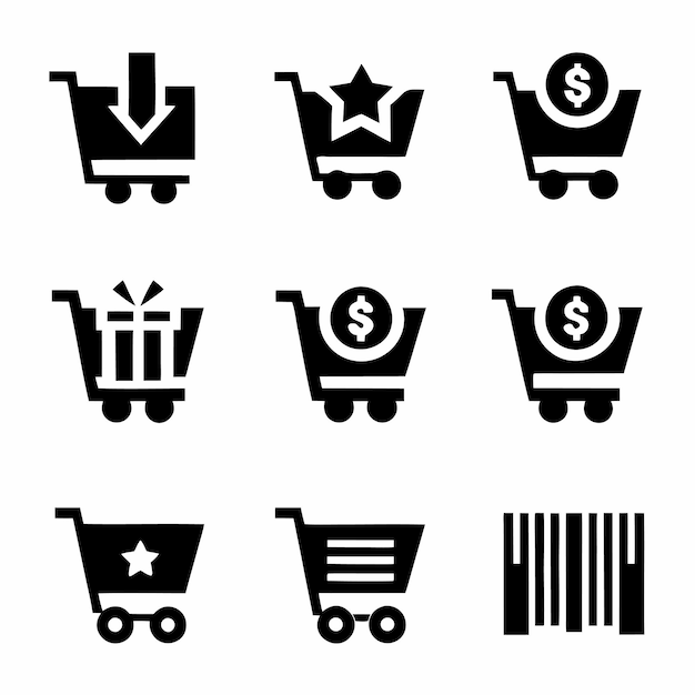 Conjunto de iconos de la canasta de compras Comprar en el mercado o supermercado Vector