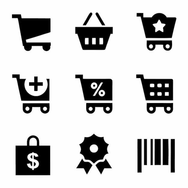 Conjunto de iconos de la canasta de compras Comprar en el mercado o supermercado Vector