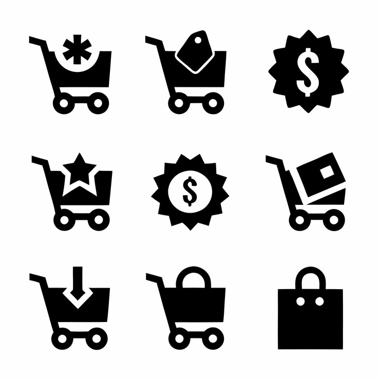 Vector conjunto de iconos de la canasta de compras comprar en el mercado o supermercado vector